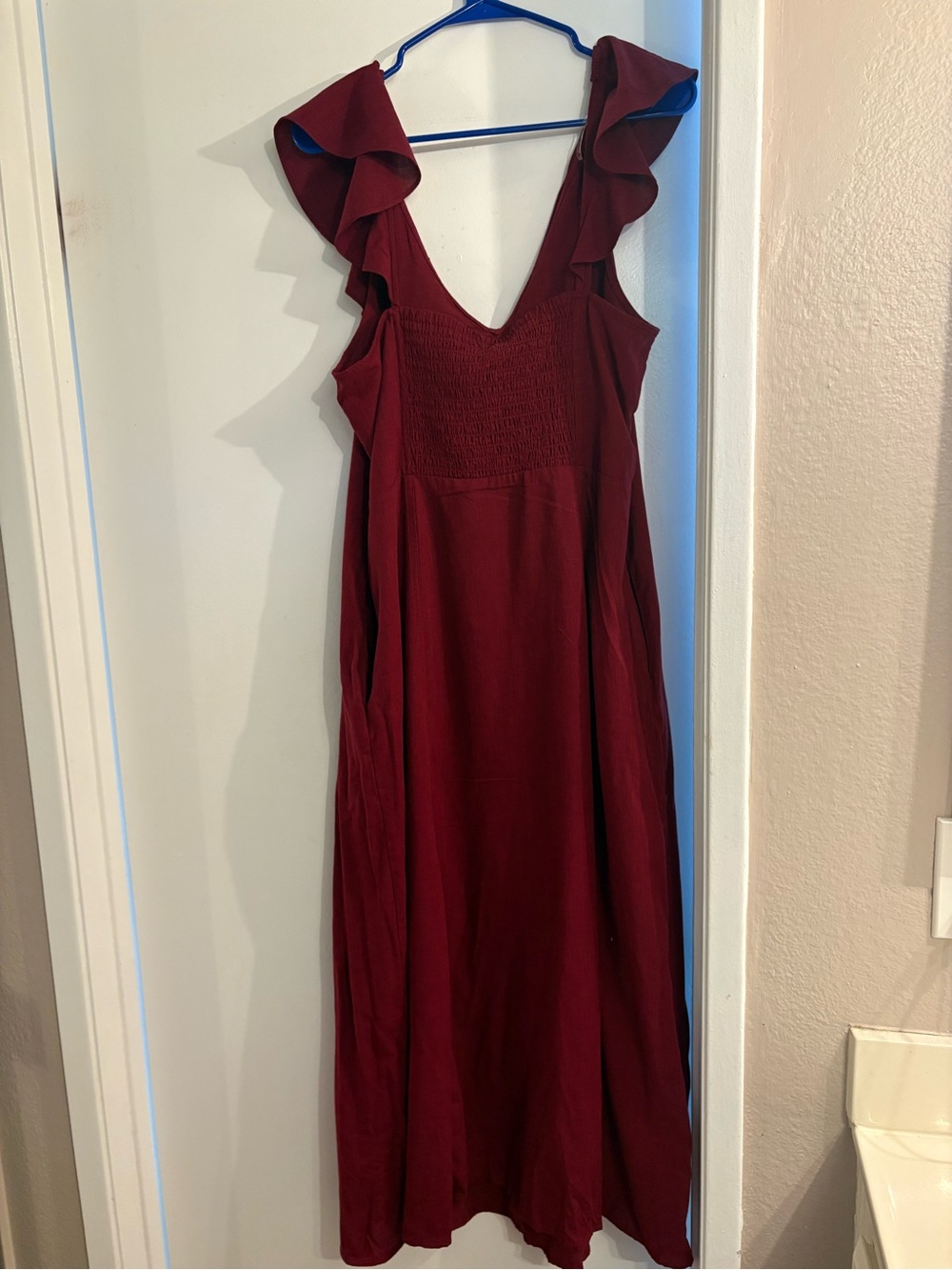 American Threads Burgundy Ruffled V-Neck Midi Dress - Picture 3 of 12